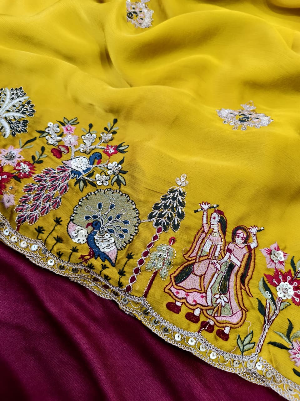 Opulent Yellow Hand Embroidery Work Georgette Saree With Super Extravagant Blouse Piece