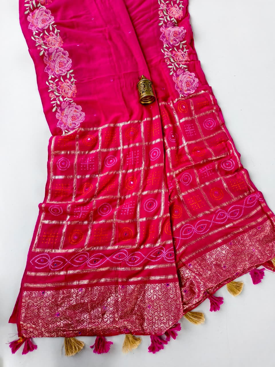 Skinny Dark Pink Embroidery Work Pure Dola Silk Saree With Classy Blouse Piece