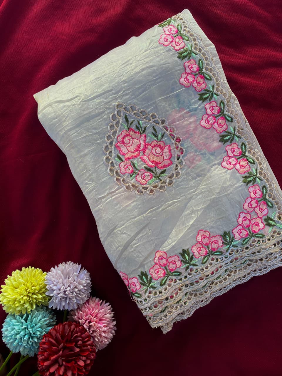 Sempiternal Grey Embroidery Work Crush Silk Saree With Refreshing Blouse Piece