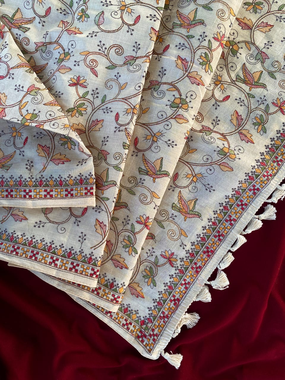 Extraordinary Off White Embroidery Work Tussar Silk Saree With Supernal Blouse Piece