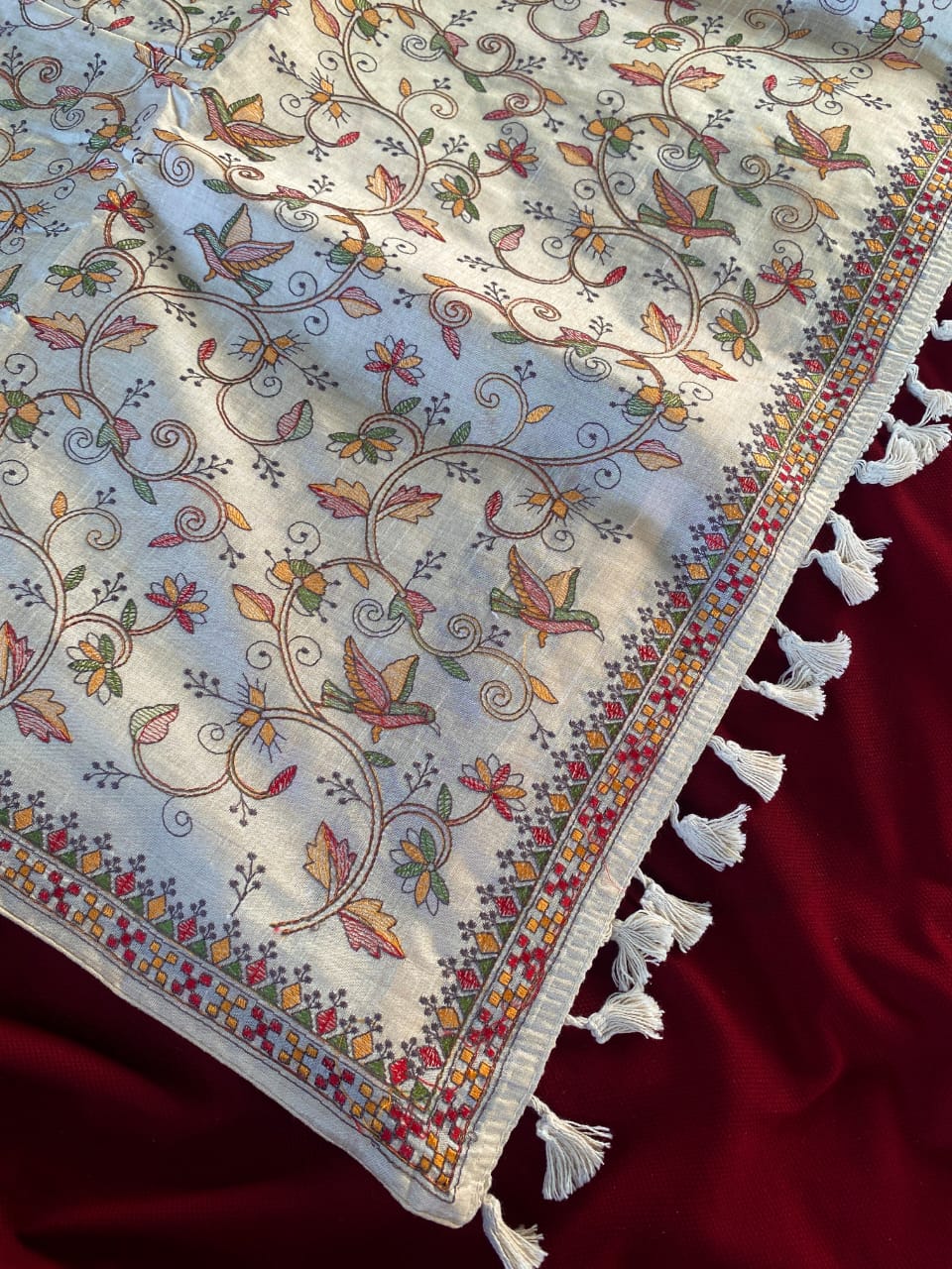 Extraordinary Off White Embroidery Work Tussar Silk Saree With Supernal Blouse Piece