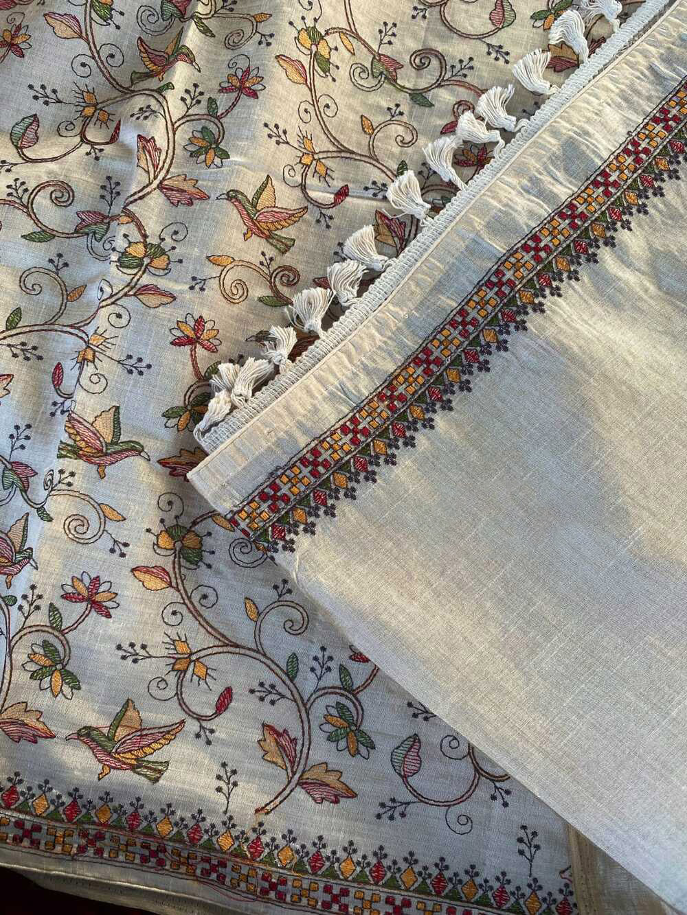 Extraordinary Off White Embroidery Work Tussar Silk Saree With Supernal Blouse Piece