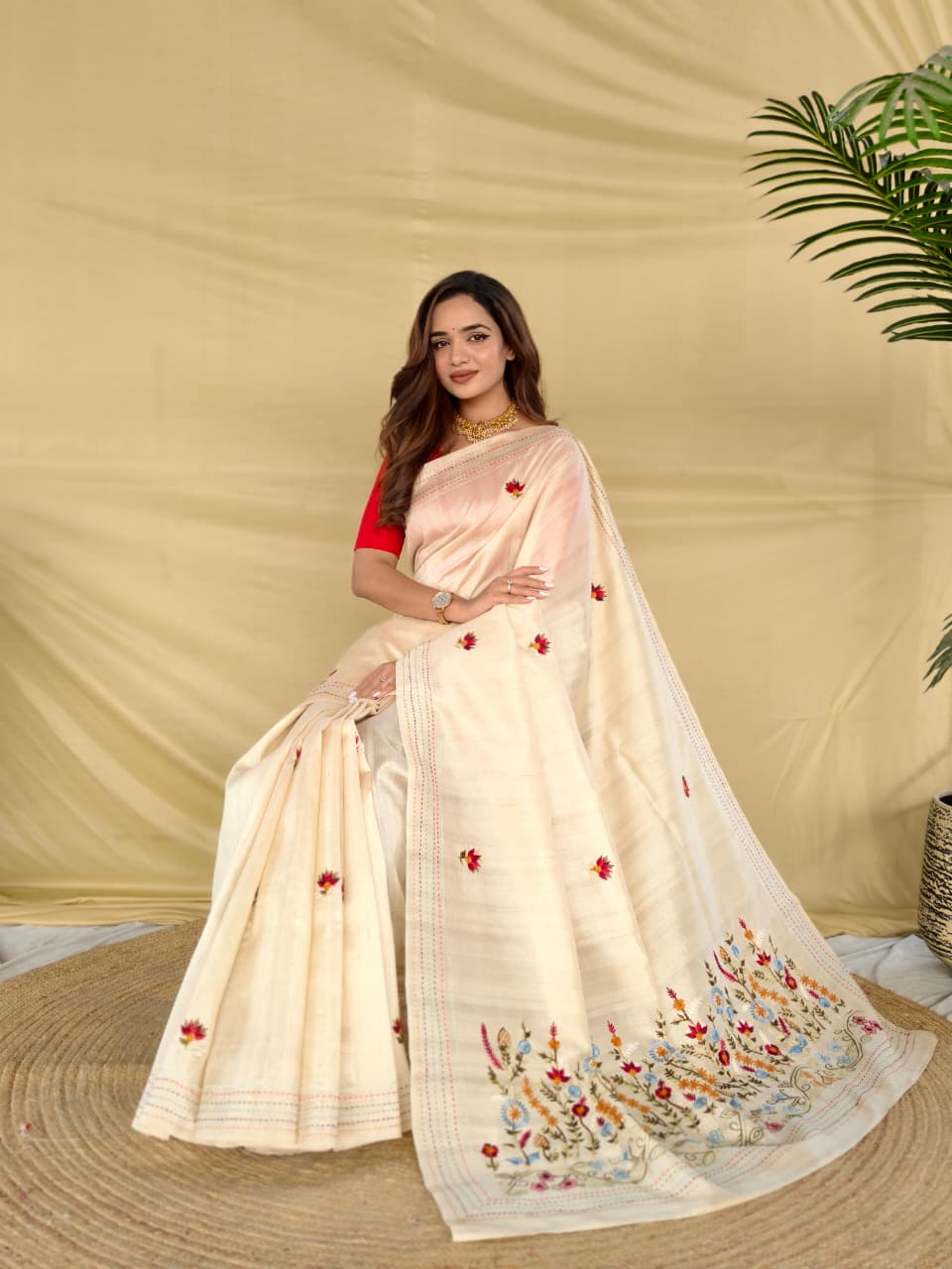 Eclat Beige Embroidery Work Tussar Silk Saree With Capricious Blouse Piece