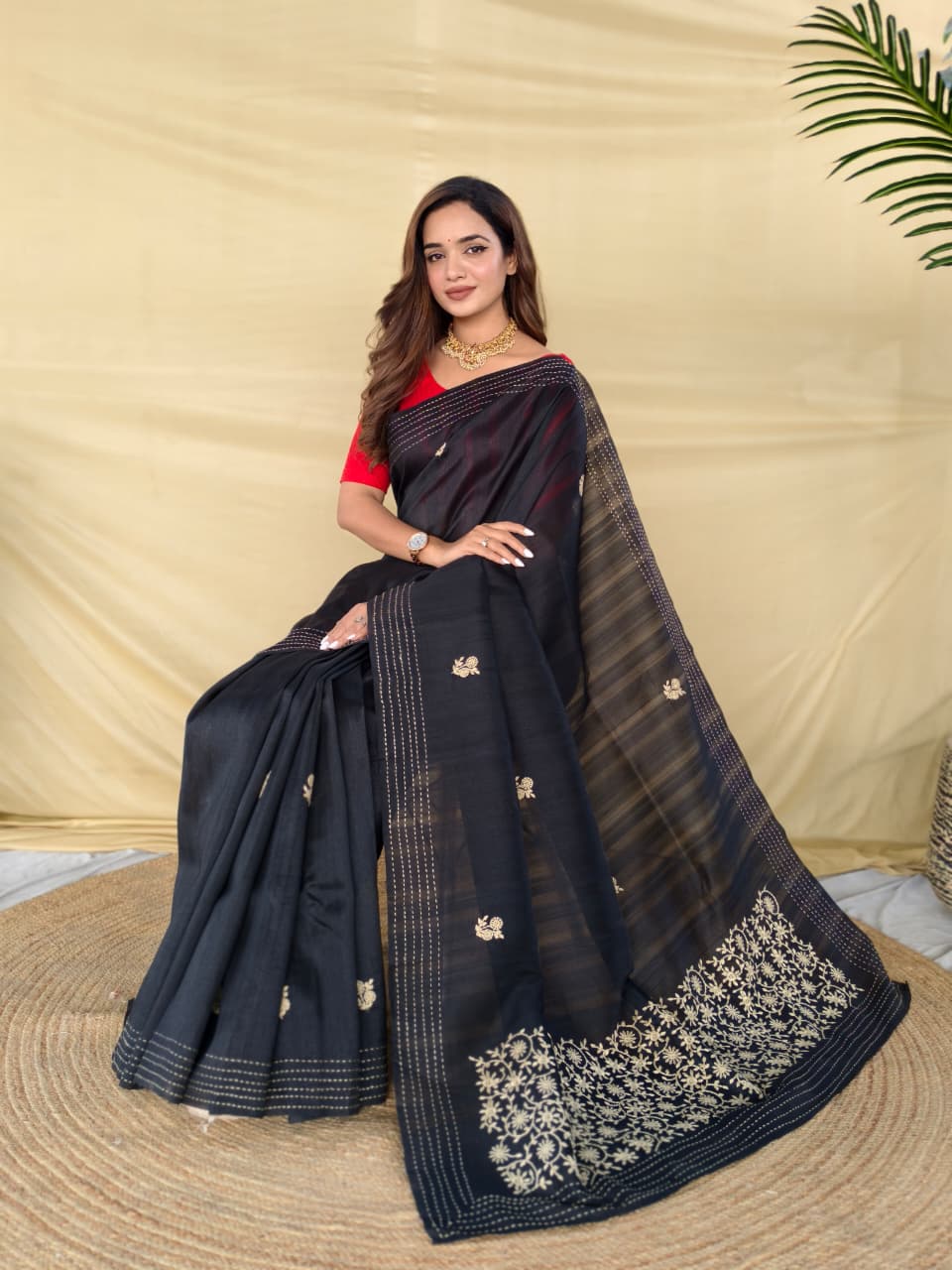 Enchanting Black Embroidery Work Matka Silk Saree With Lassitude Blouse Piece