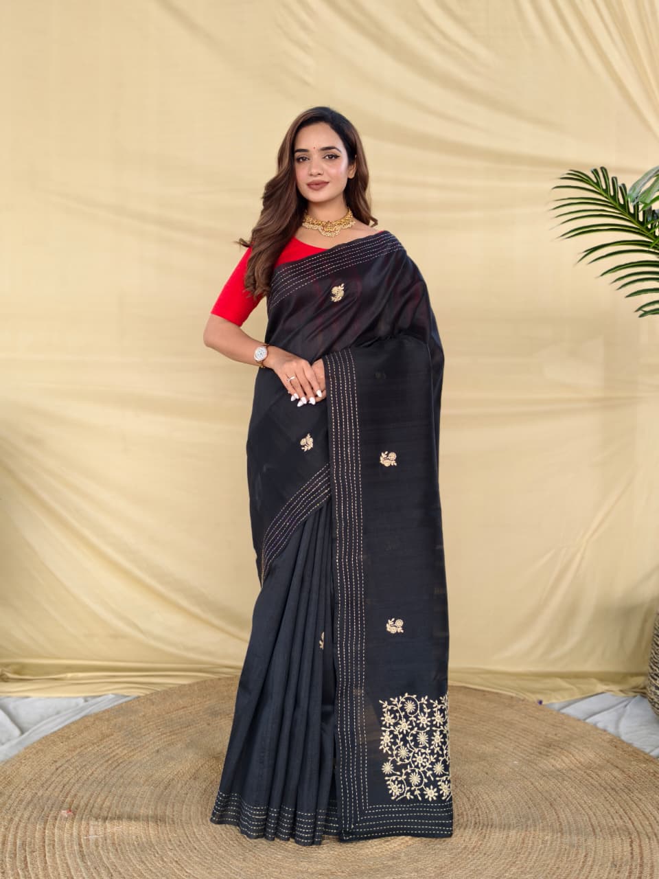 Enchanting Black Embroidery Work Matka Silk Saree With Lassitude Blouse Piece