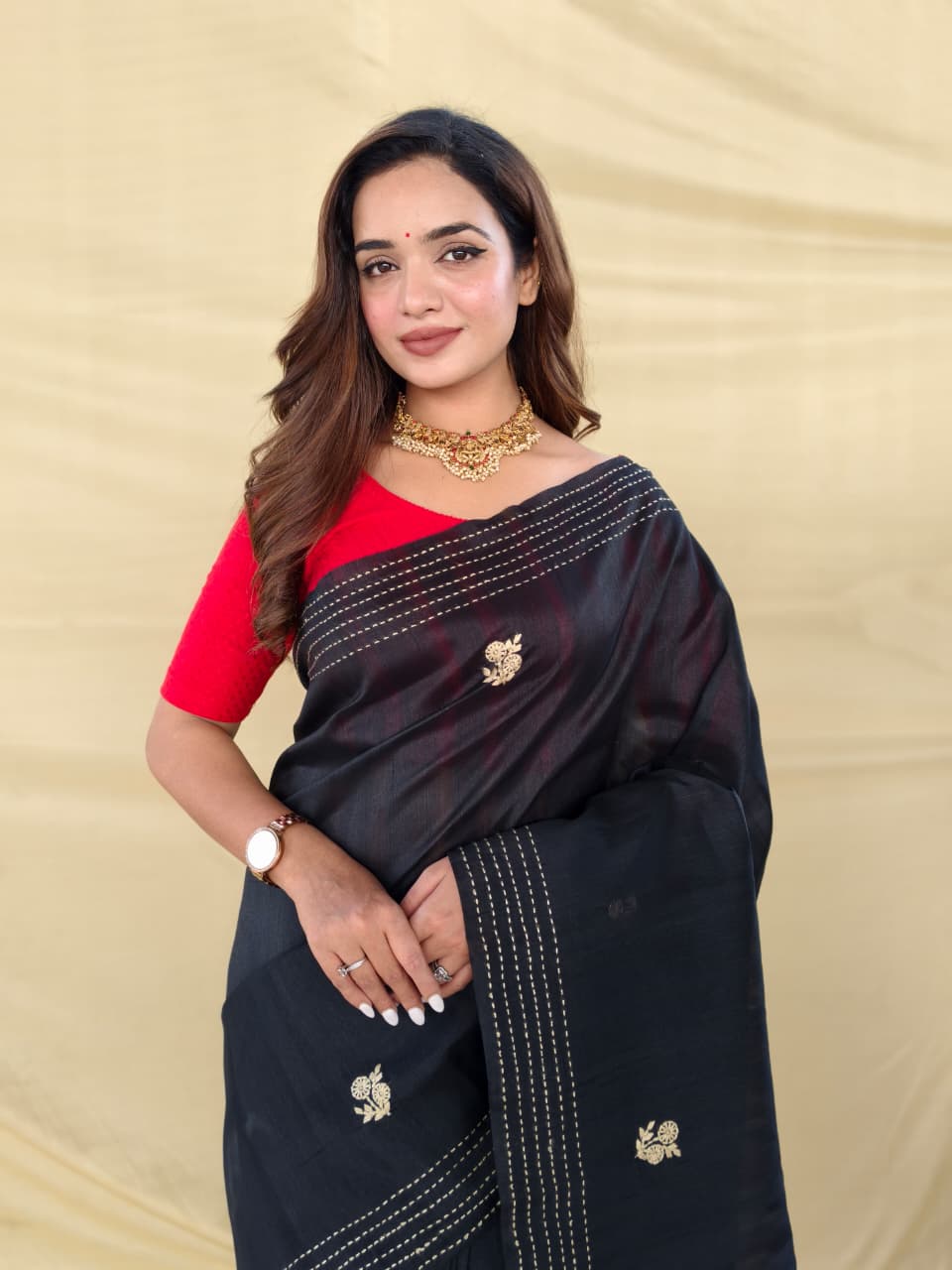 Enchanting Black Embroidery Work Matka Silk Saree With Lassitude Blouse Piece