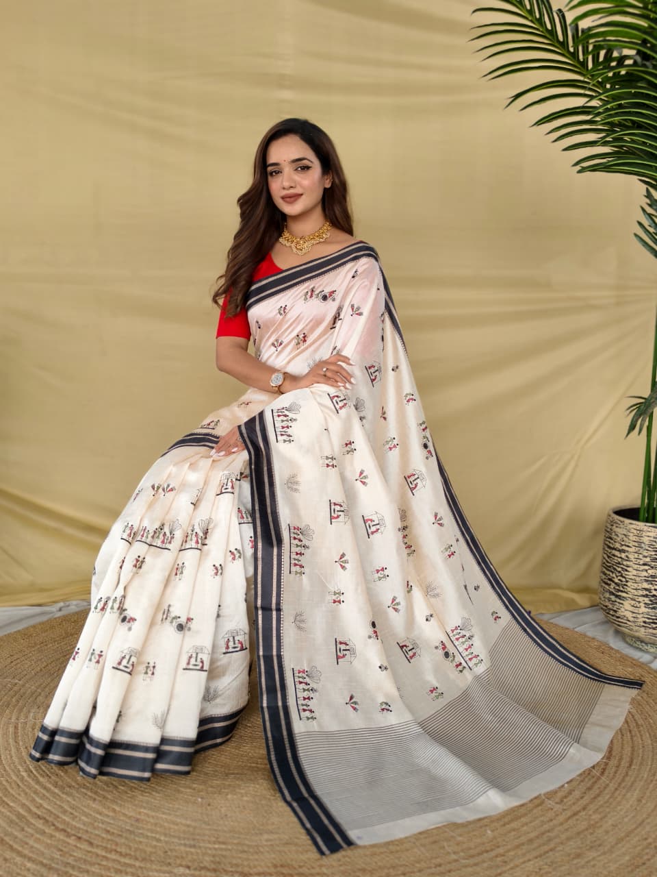 Appealing Off White Embroidery Work Tussar Silk Saree With Lissome Blouse Piece