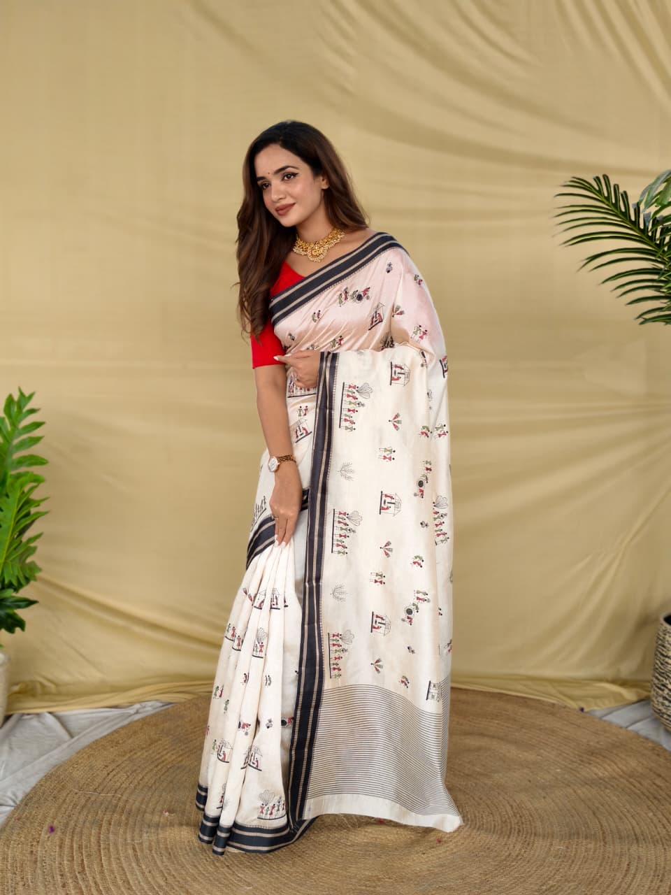 Appealing Off White Embroidery Work Tussar Silk Saree With Lissome Blouse Piece