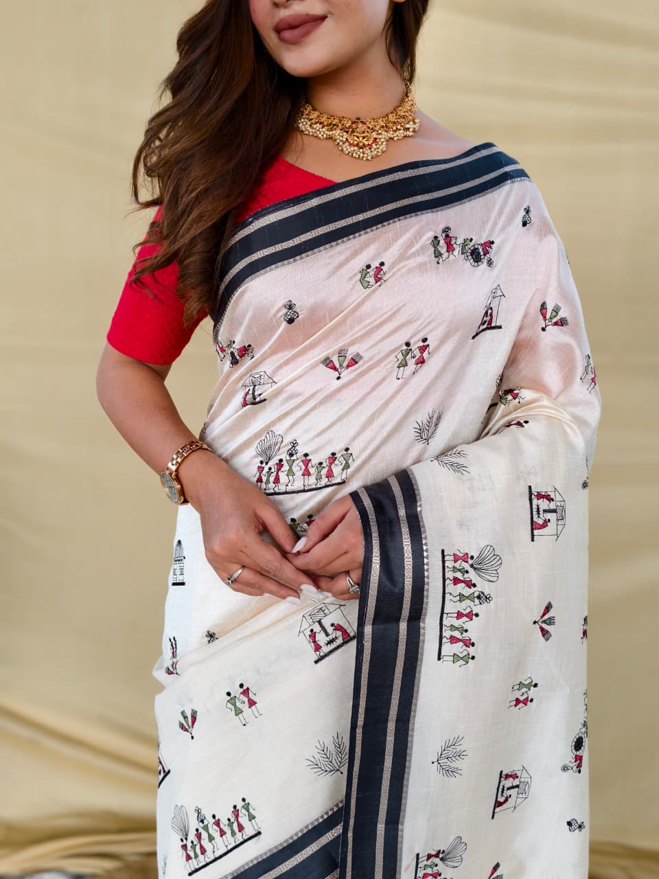 Appealing Off White Embroidery Work Tussar Silk Saree With Lissome Blouse Piece