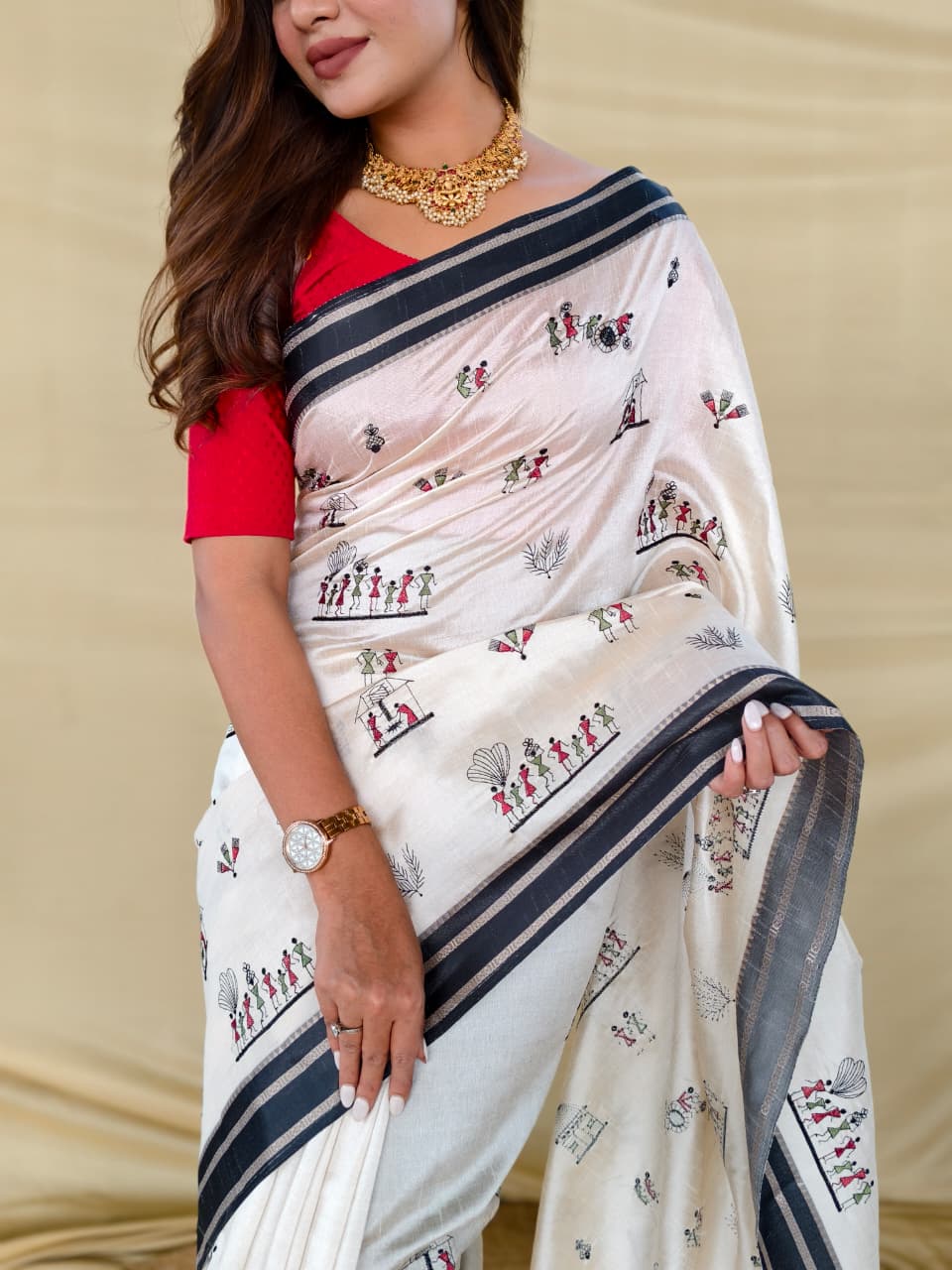 Appealing Off White Embroidery Work Tussar Silk Saree With Lissome Blouse Piece