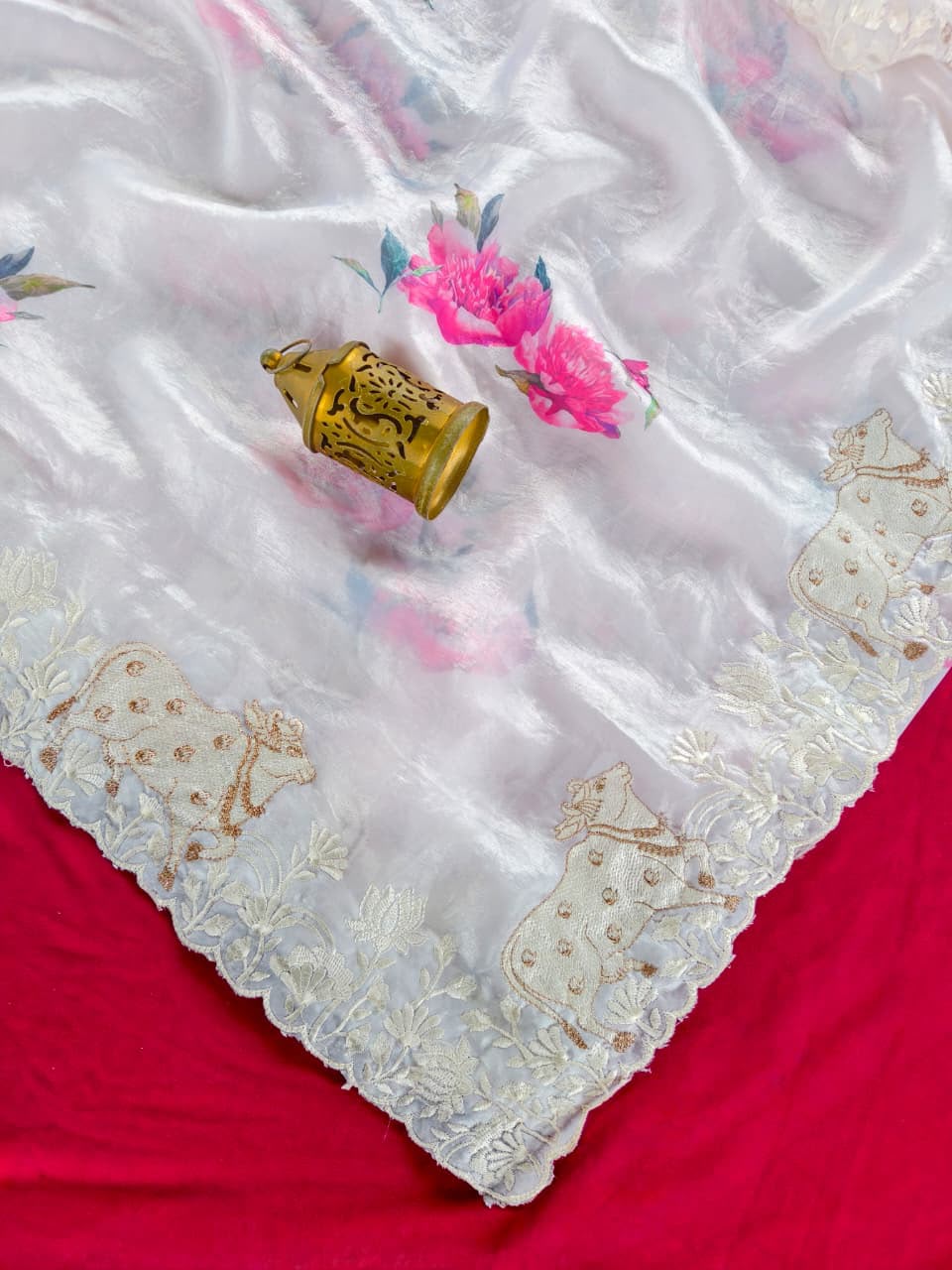 Exquisite Off White Embroidery Work Tissue Silk Saree With Wonderful Blouse Piece
