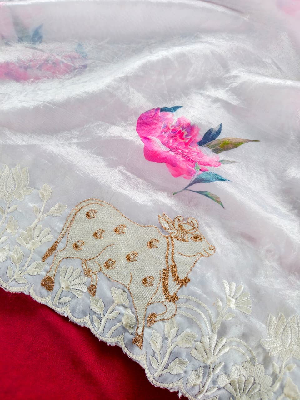 Exquisite Off White Embroidery Work Tissue Silk Saree With Wonderful Blouse Piece