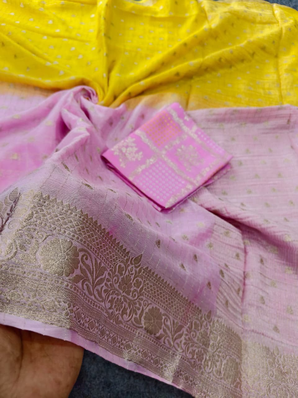 Demesne Yellow and Pink Pure Banarasi Silk Saree With Amazing Blouse Piece