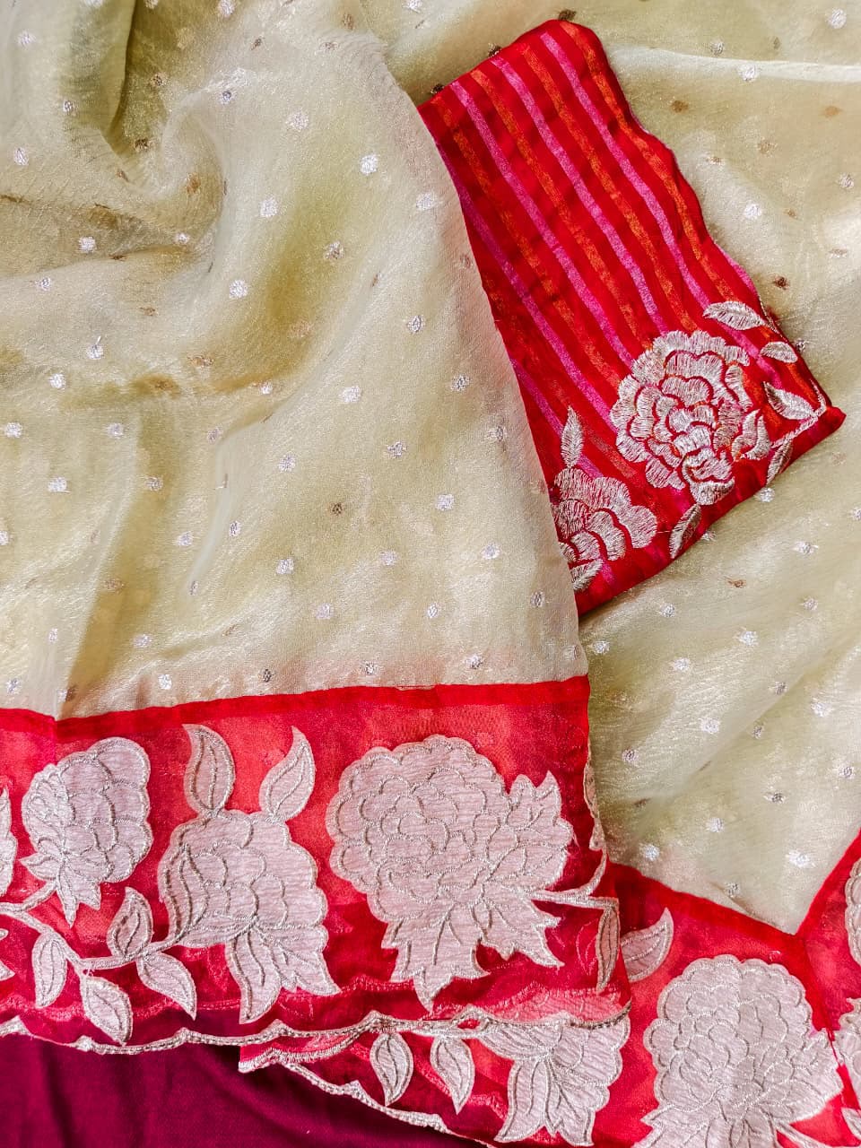 Phenomenal Beige Tissue Silk Designer Embroidery Work Saree With Demesne Blouse Piece