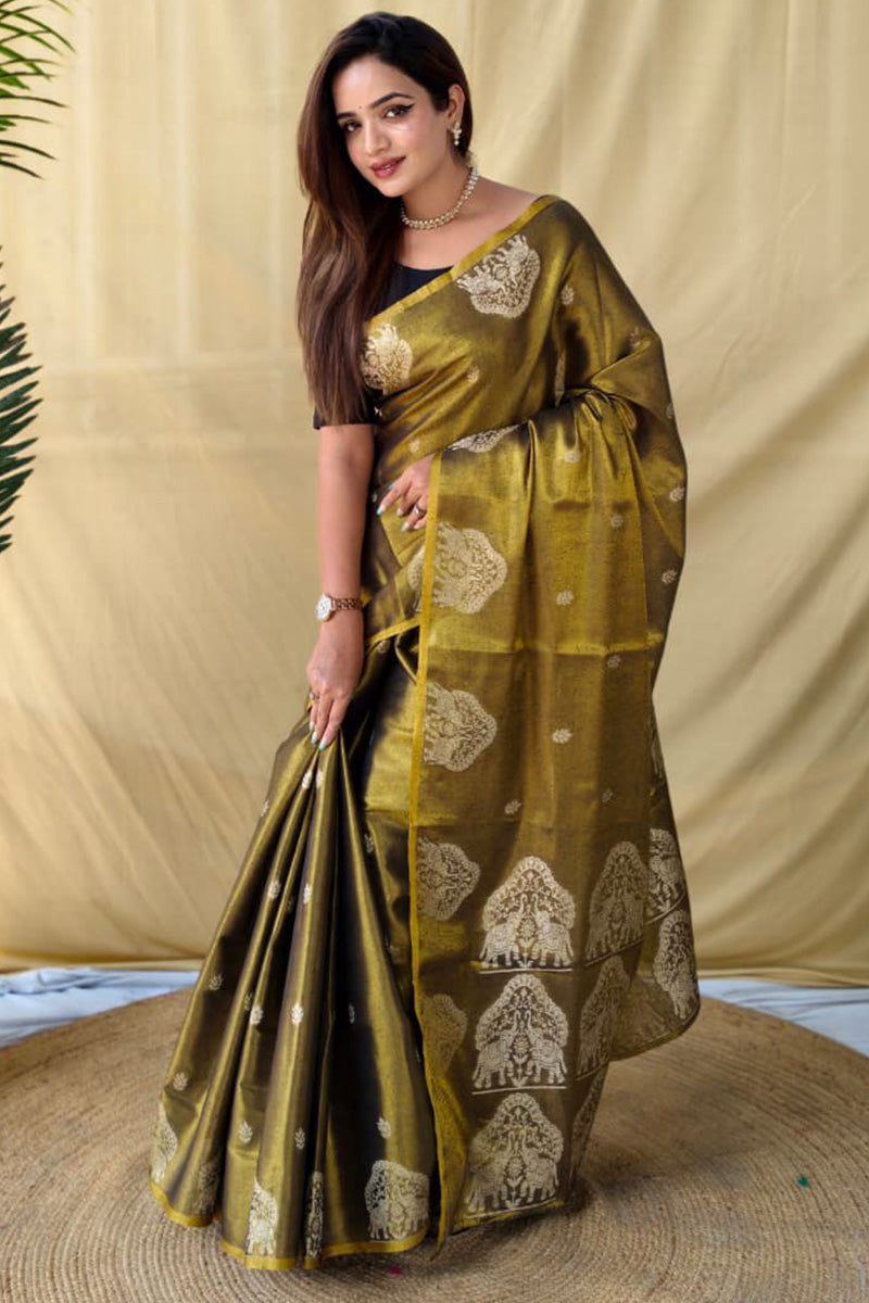 Murmurous Mehndi Banarasi Tissue Silk Saree With Chatoyant Blouse Piece