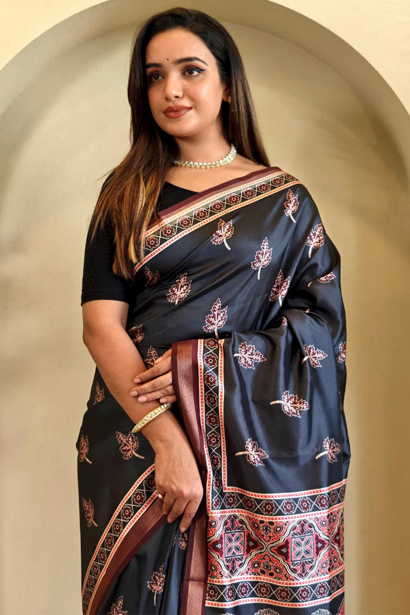 Flameboyant Black Viscose Dola Silk Printed Saree With Jubilant Blouse Piece
