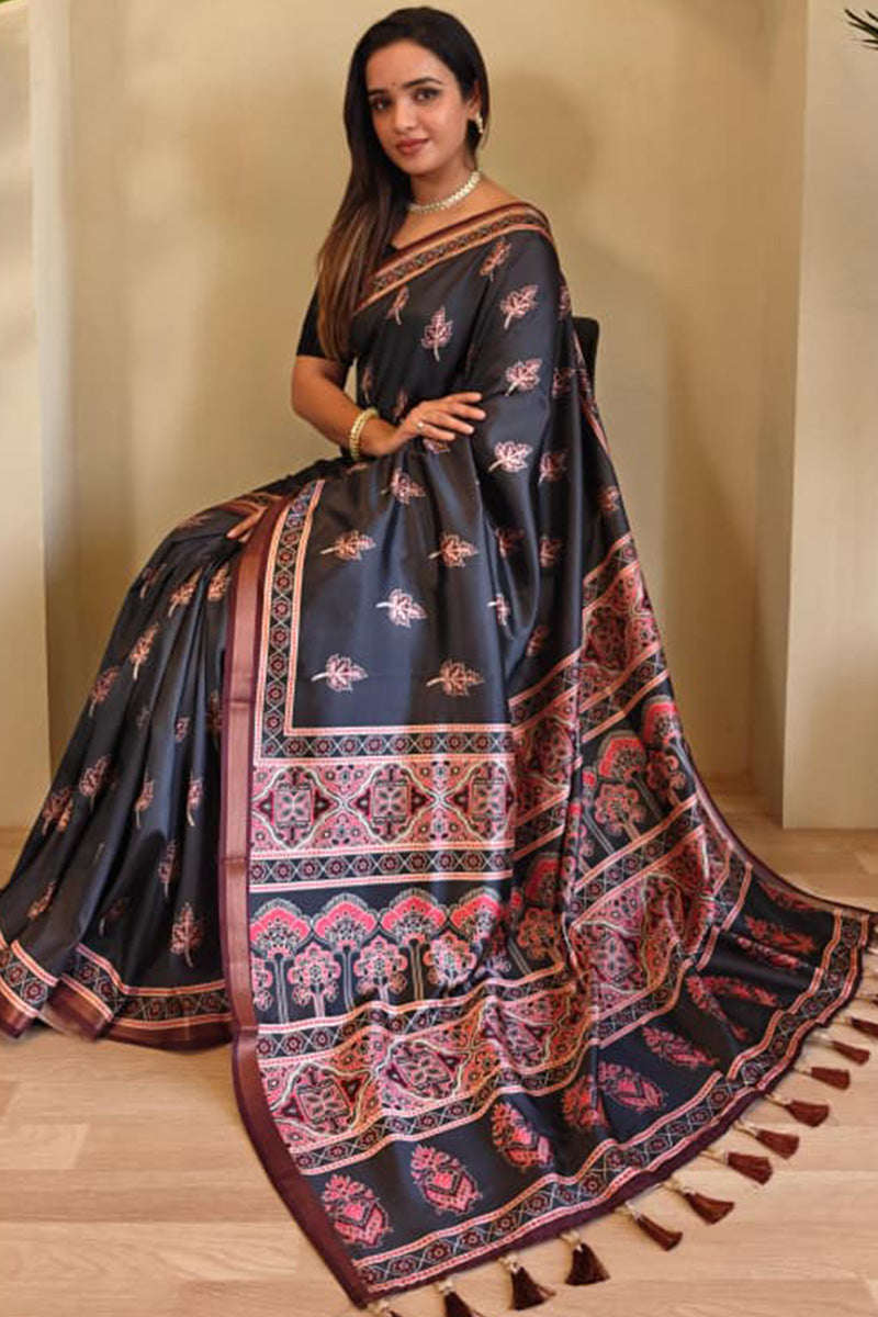 Flameboyant Black Viscose Dola Silk Printed Saree With Jubilant Blouse Piece