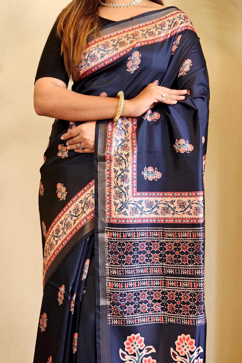 Sempiternal Navy Blue Viscose Dola Silk Printed Saree With Fantabulous Blouse Piece
