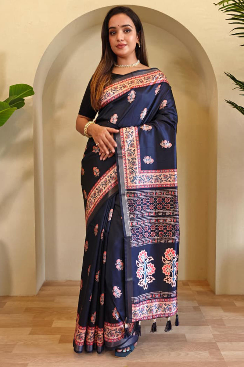 Sempiternal Navy Blue Viscose Dola Silk Printed Saree With Fantabulous Blouse Piece