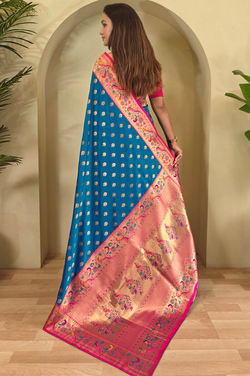Intricate Blue Paithani Silk Saree With Flaunt Blouse Piece