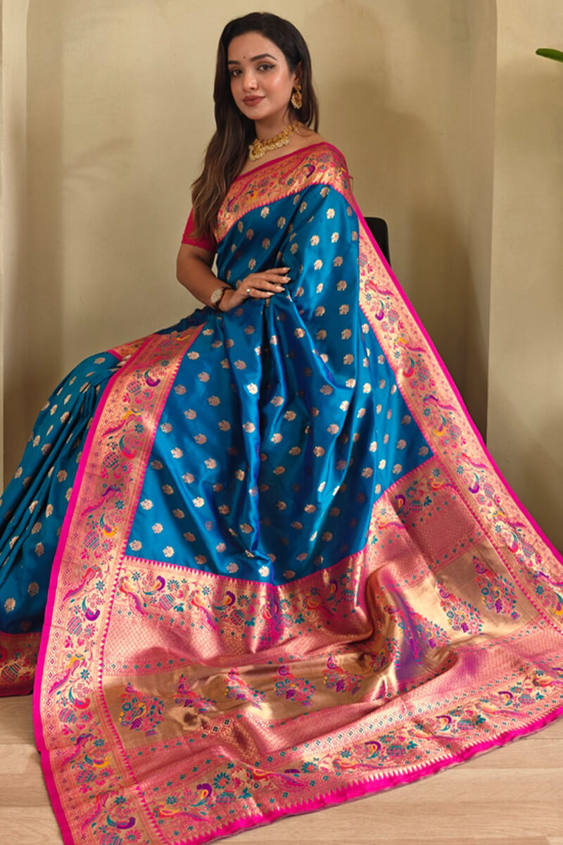 Intricate Blue Paithani Silk Saree With Flaunt Blouse Piece