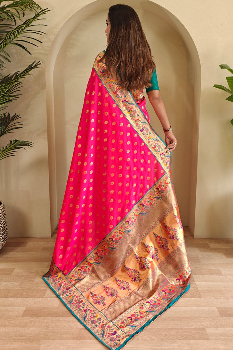 Charismatic Dark Pink Paithani Silk Saree With Mesmeric Blouse Piece