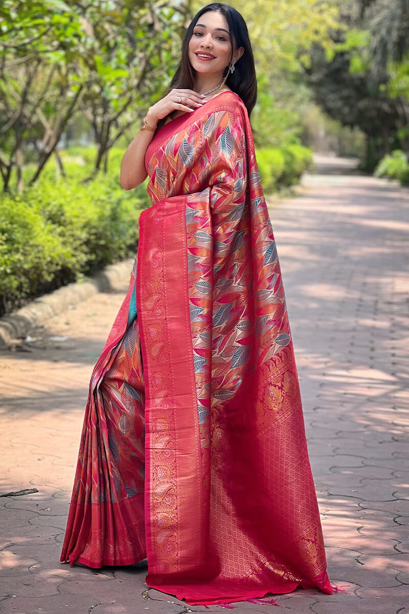Flaunt Dark Pink Kanjivaram Silk Saree With Sizzling Blouse Piece