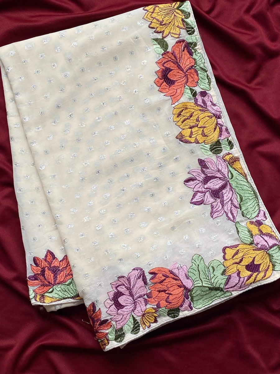 Efflorescence Off White Embroidery Work Georgette Saree With Bewitching Blouse Piece