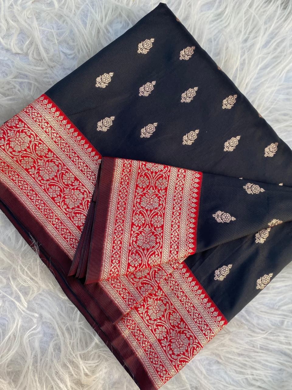 Magnetic Black Soft Banarasi Satin Silk Saree With Serendipity Blouse