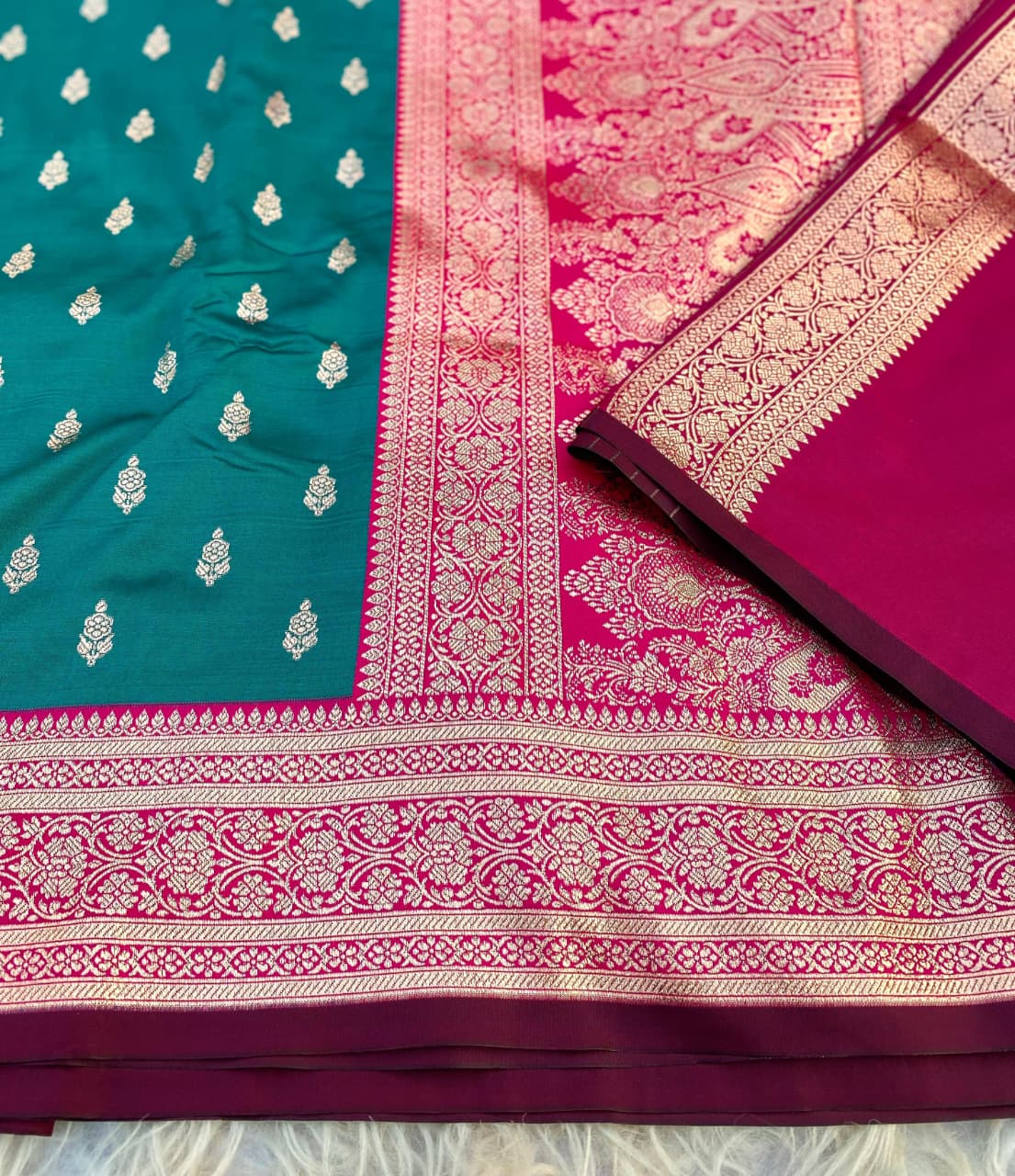 Unique Rama Soft Banarasi Satin Silk Saree With Gratifying Blouse