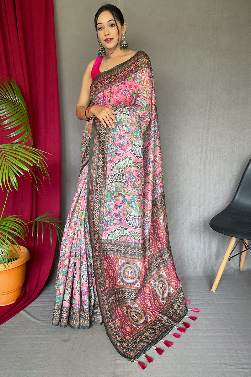 Gorgeous Pink Kalamkari Printed Saree With Deserving Blouse Piece