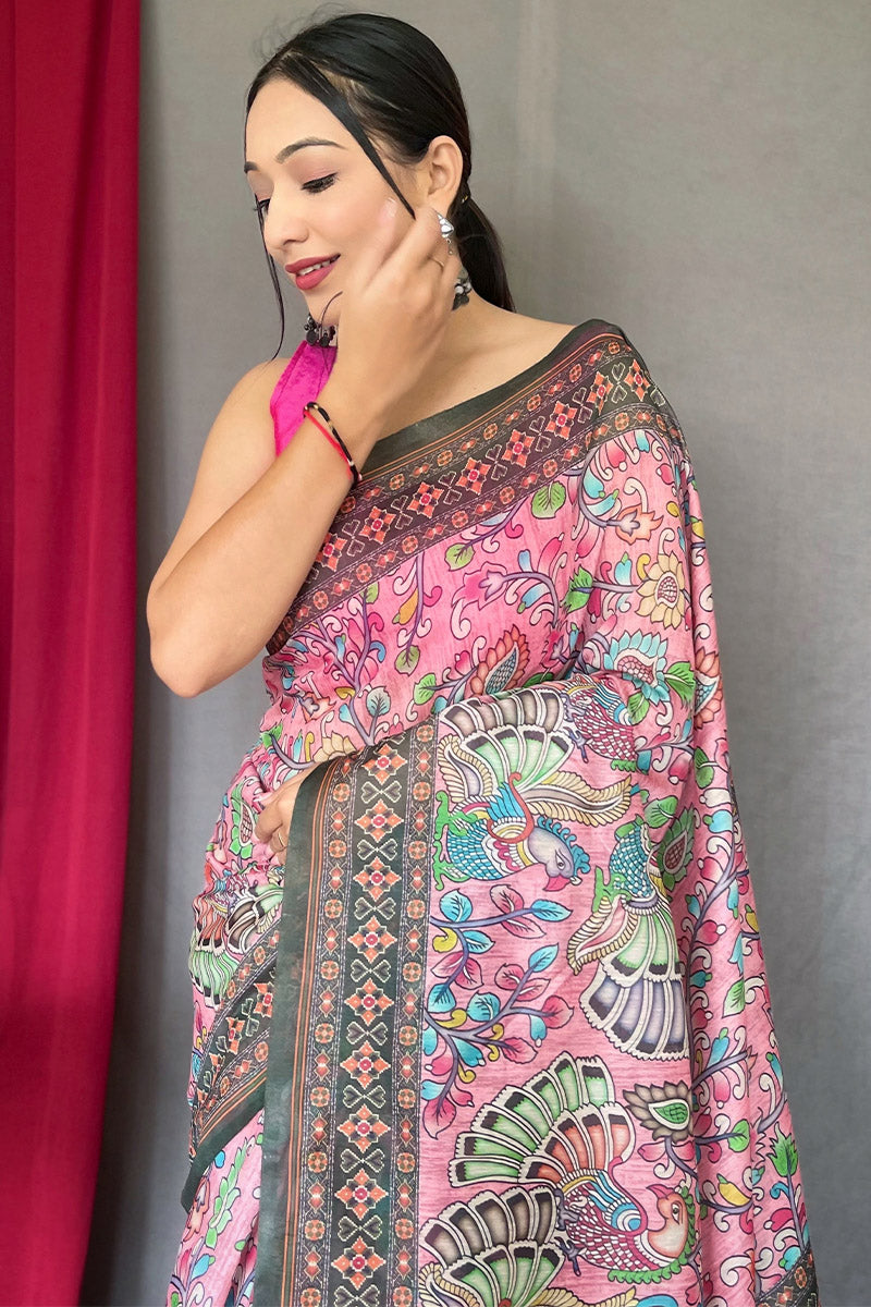 Gorgeous Pink Kalamkari Printed Saree With Deserving Blouse Piece