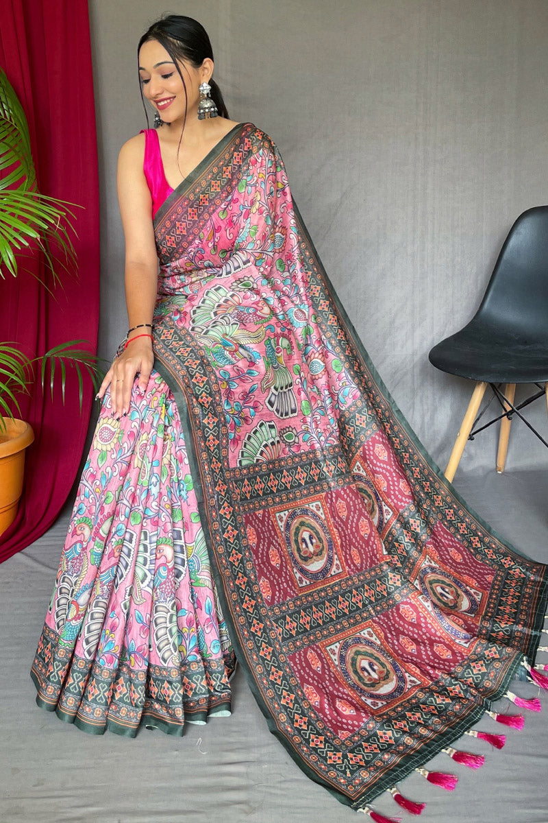Gorgeous Pink Kalamkari Printed Saree With Deserving Blouse Piece