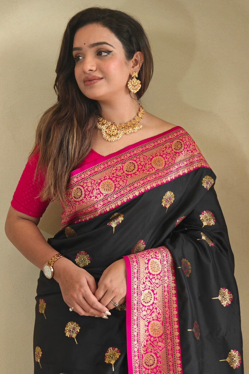 Sophisticated Black Soft Banarasi Silk Saree With Flaunt Blouse Piece
