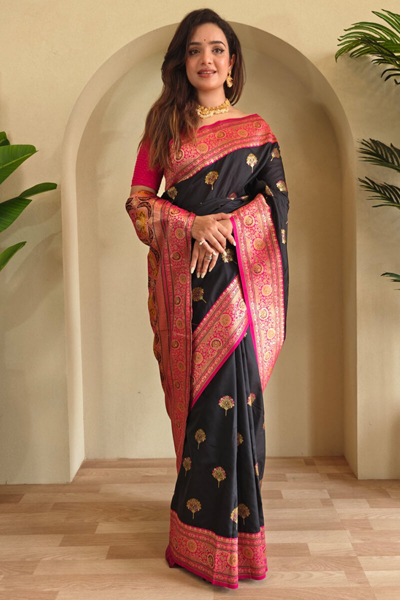 Sophisticated Black Soft Banarasi Silk Saree With Flaunt Blouse Piece