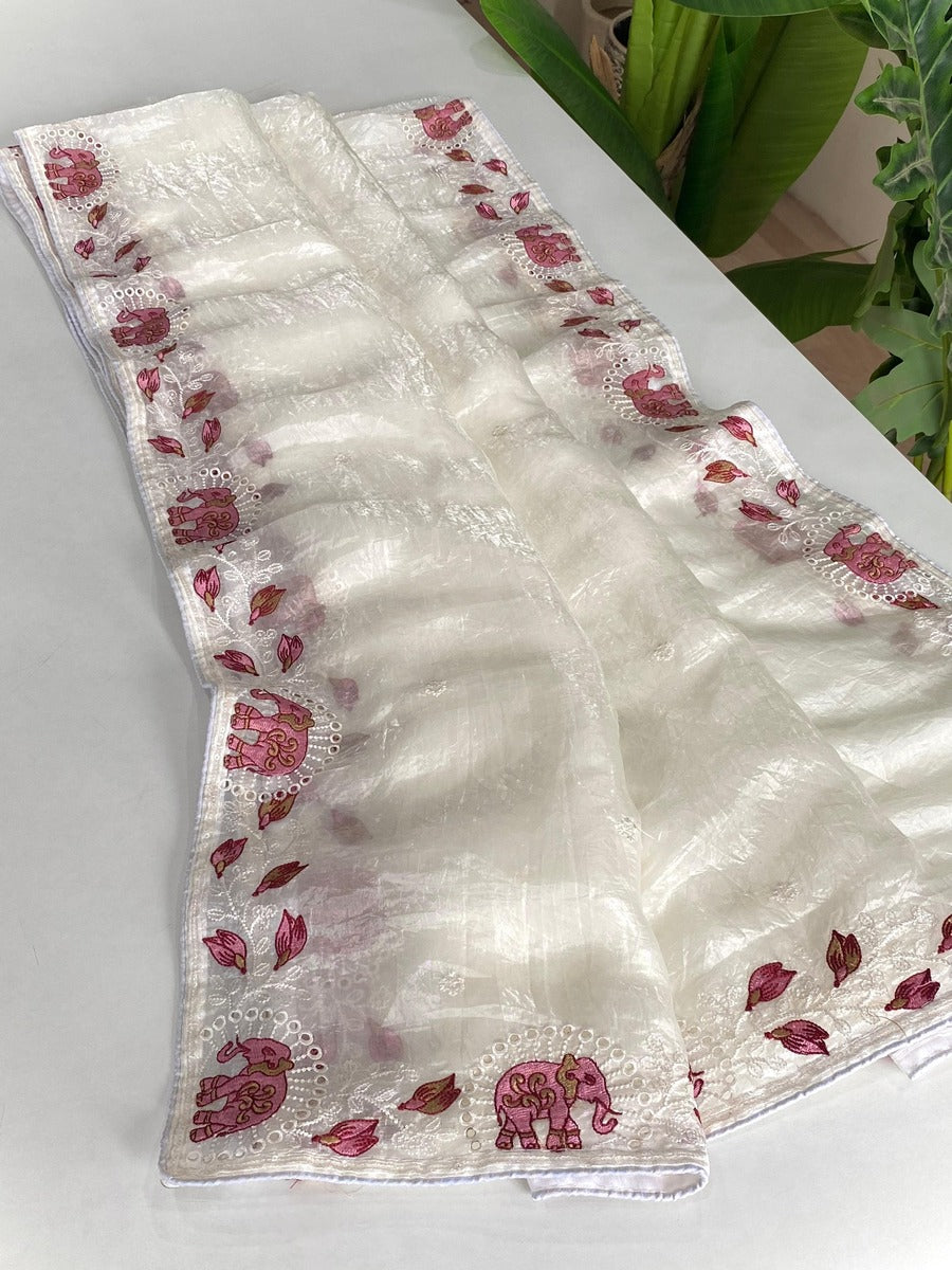Symmetrical Off White Embroidery Work Crush Silk Saree With Imaginative Blouse Piece