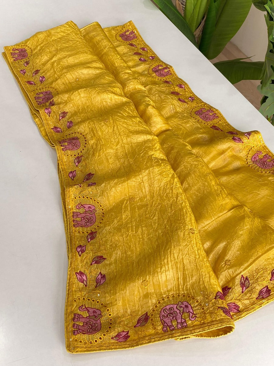 Symmetrical Yellow Embroidery Work Crush Silk Saree With Imaginative Blouse Piece