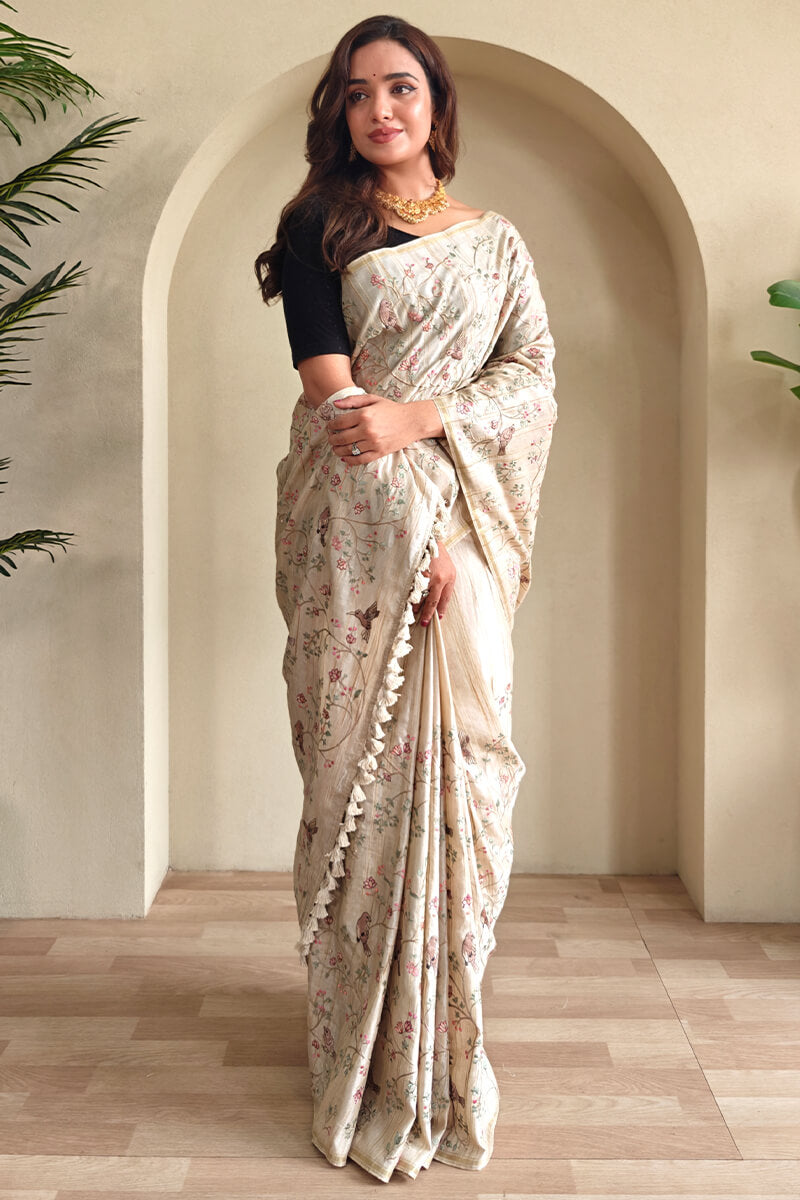 Classy Beige Embroidery Work Tussar Silk Saree With Staring Blouse Piece