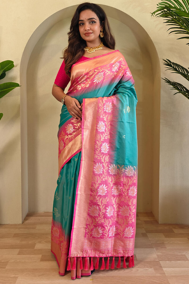 Appealing Sea Green Soft Banarasi Silk Saree With Enigmatic Blouse Piece