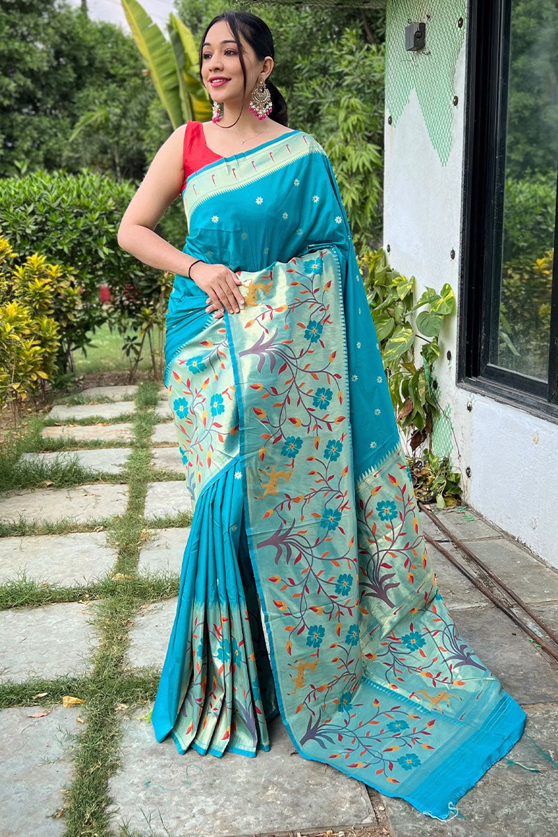 Delightful Teal Green Cotton Banarasi Design Handwoven Saree