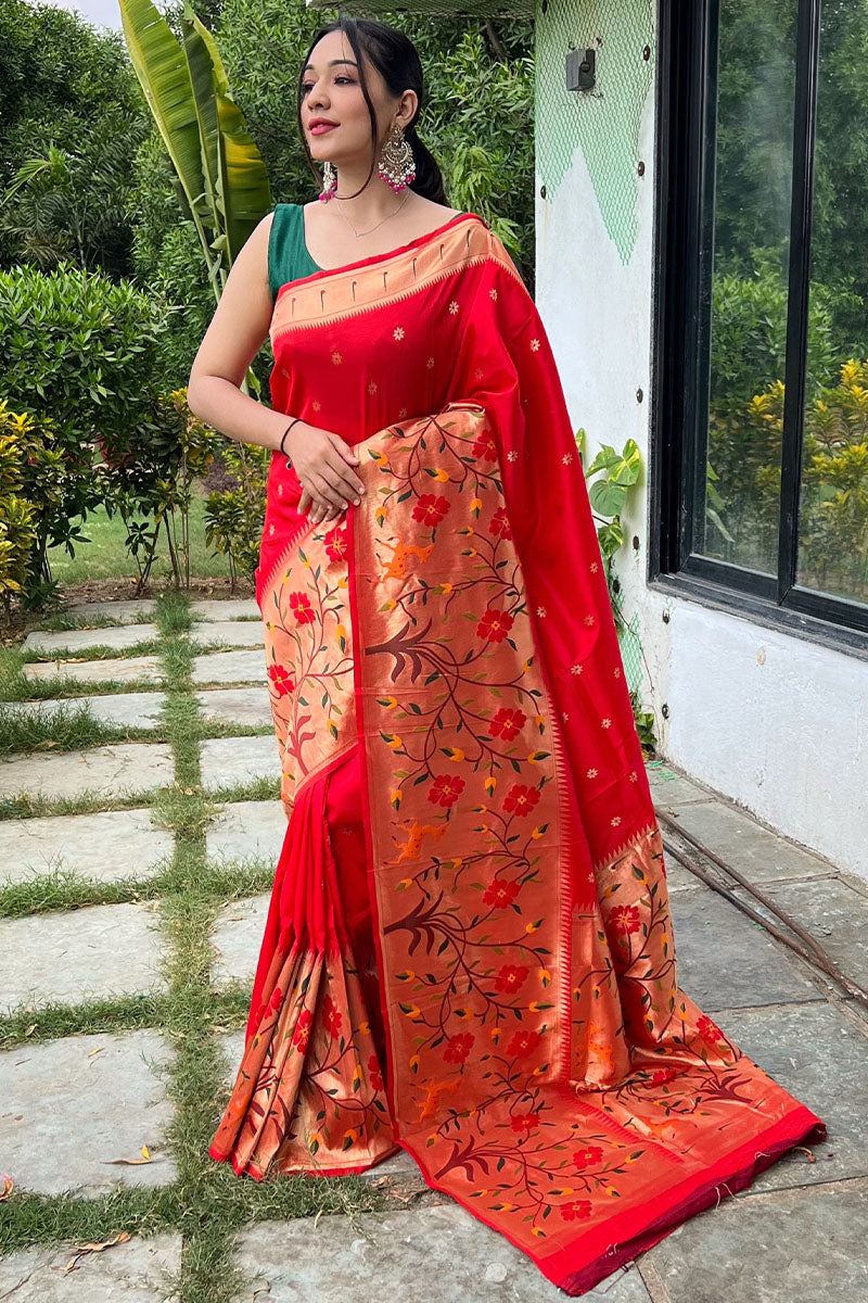 Luxuriant Red Paithani Silk Saree With Confounding Blouse Piece
