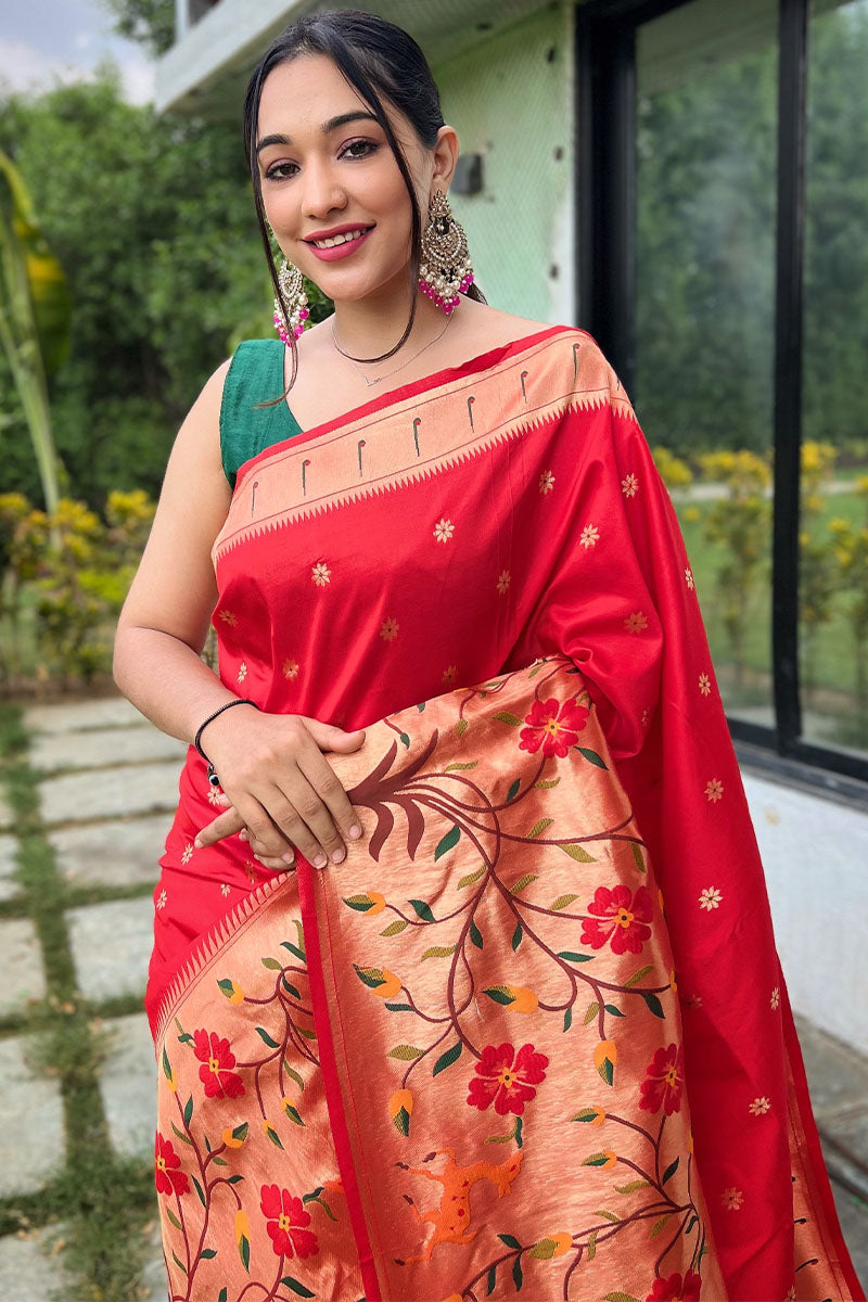 Luxuriant Red Paithani Silk Saree With Confounding Blouse Piece