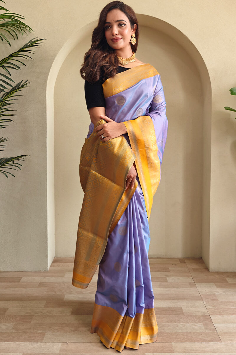 Blissful Lavender Soft Banarasi Silk Saree With Efflorescence Blouse Piece