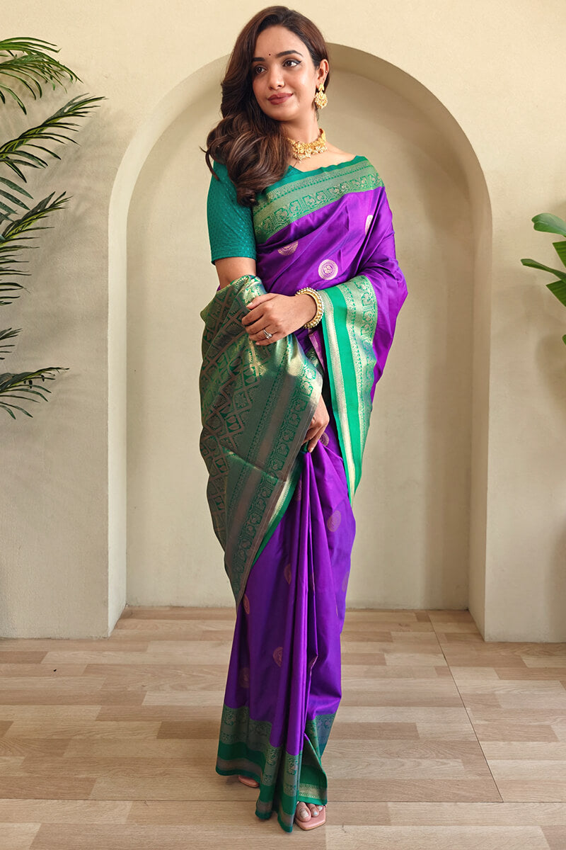 Winsome Purple Soft Banarasi Silk Saree With Beleaguer Blouse Piece
