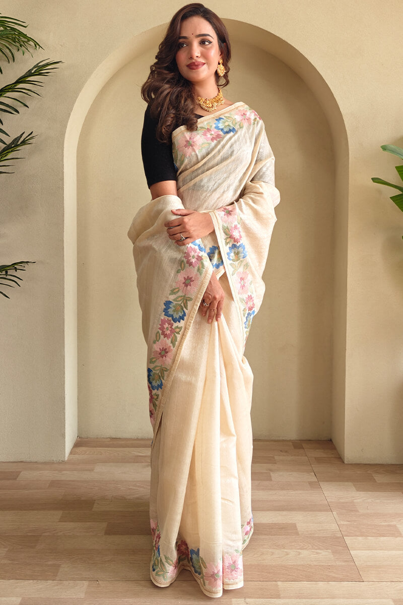 Lagniappe Beige Embroidery Work Tussar Silk Saree With Petrichor Blouse Piece