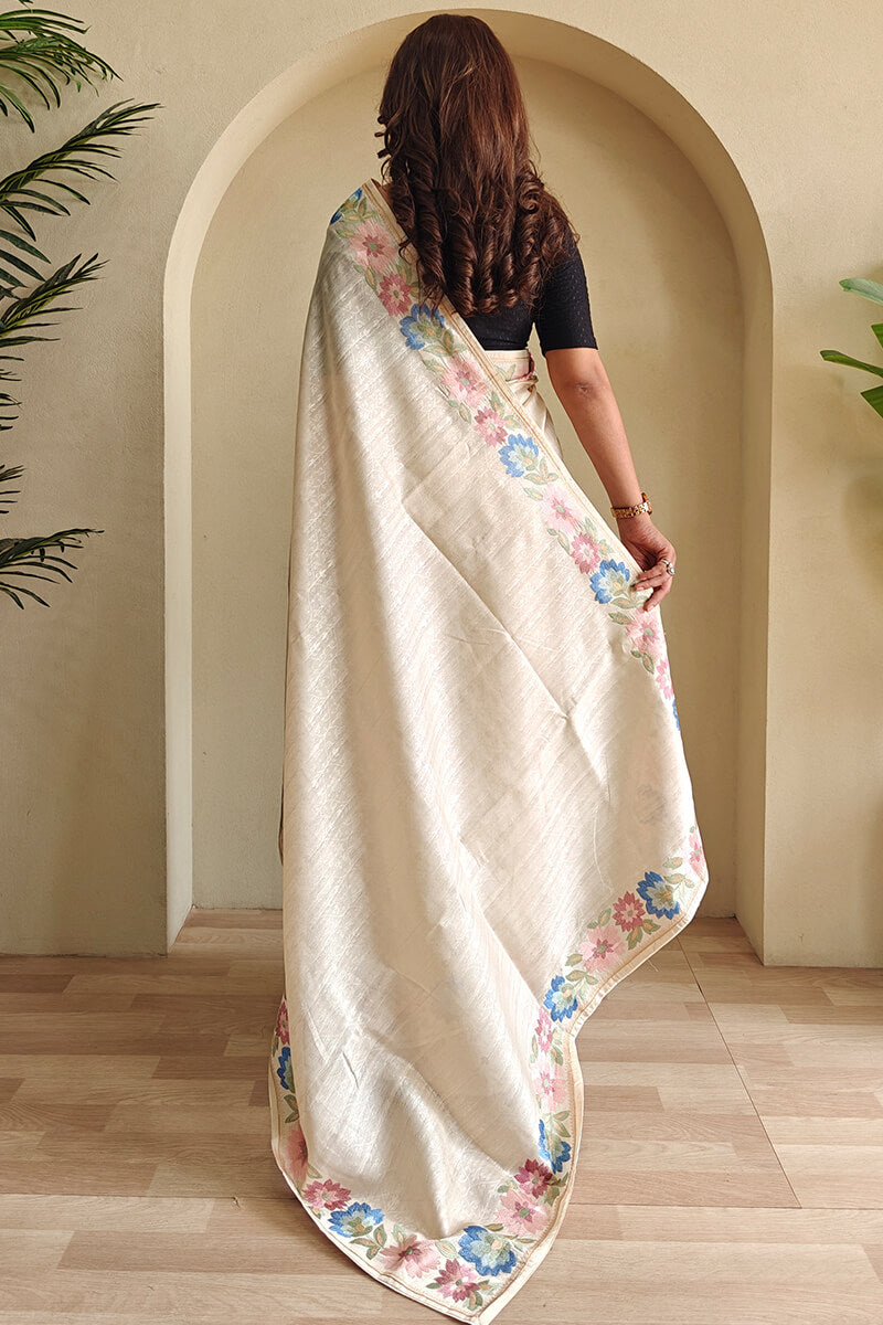 Lagniappe Beige Embroidery Work Tussar Silk Saree With Petrichor Blouse Piece