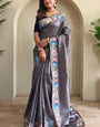 Sizzling Grey Embroidery Work Tussar Silk Saree With Enticing Blouse Piece