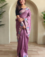 Demure Purple Embroidery Work Tussar Silk Saree With Extraordinary Blouse Piece