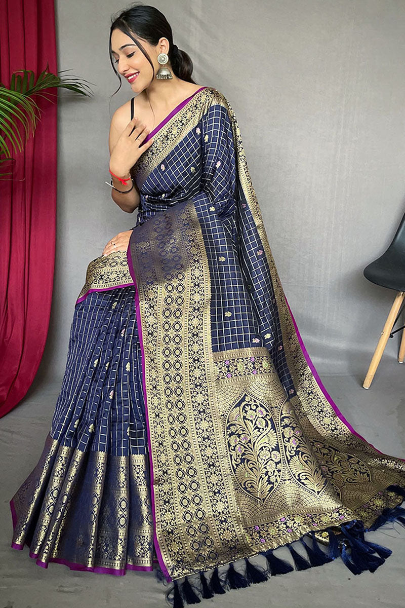 Fugacious Navy Blue Soft Banarasi Silk Saree With Ailurophile Blouse Piece