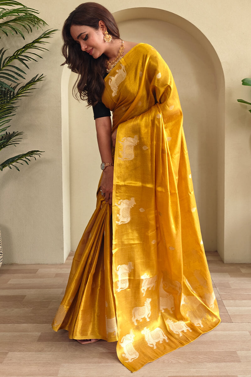 Rhapsodic Mustard Soft Banarasi Tissue Silk Saree With Ephemeral Blouse Piece